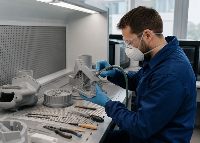 3D Printing inspection detail scene in a modern manufacturing workshop