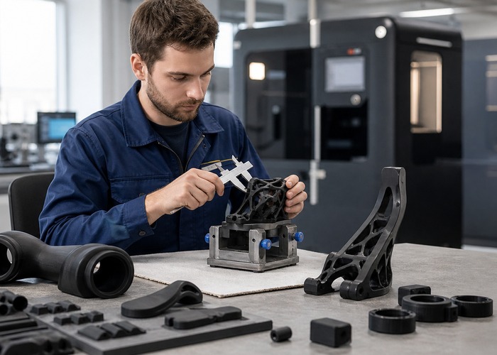 3D Printing final review scene in a modern manufacturing workshop