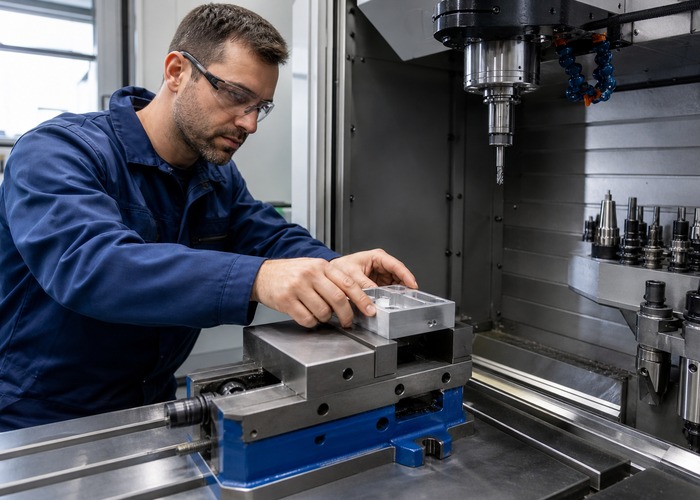 CNC Machining inspection detail scene in a modern manufacturing workshop
