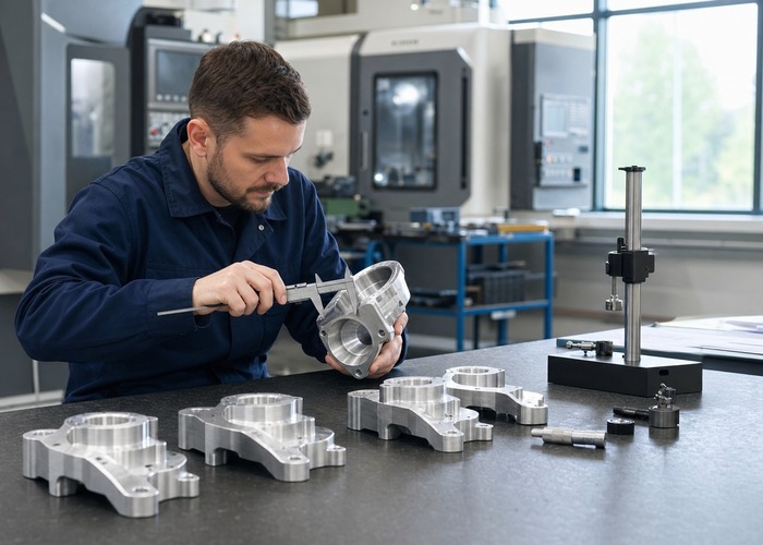 CNC Machining final review scene in a modern manufacturing workshop