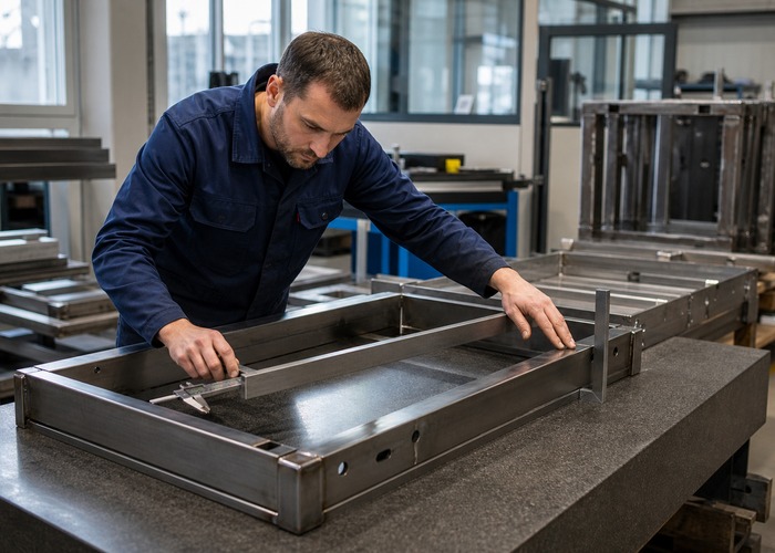 Sheet Metal Fabrication final review scene in a modern manufacturing workshop