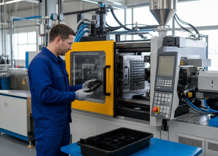 Injection Molding inspection detail scene in a modern manufacturing workshop