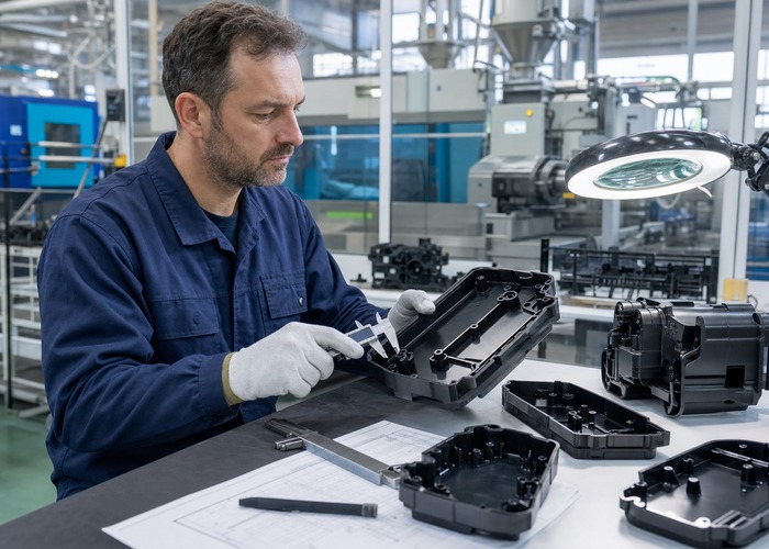 Injection Molding final review scene in a modern manufacturing workshop