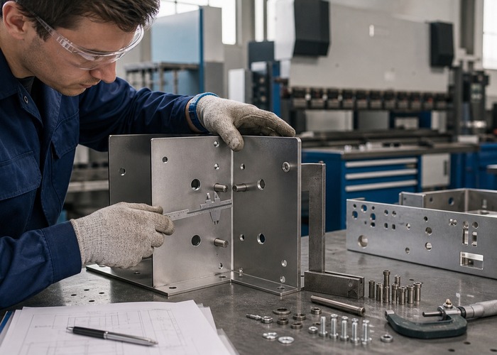 Sheet Metal Fabrication inspection detail scene in a modern manufacturing workshop