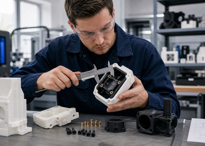 3D Printing inspection detail scene in a modern manufacturing workshop
