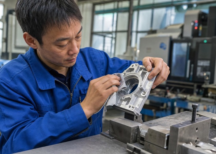 CNC Machining inspection detail scene in a modern manufacturing workshop