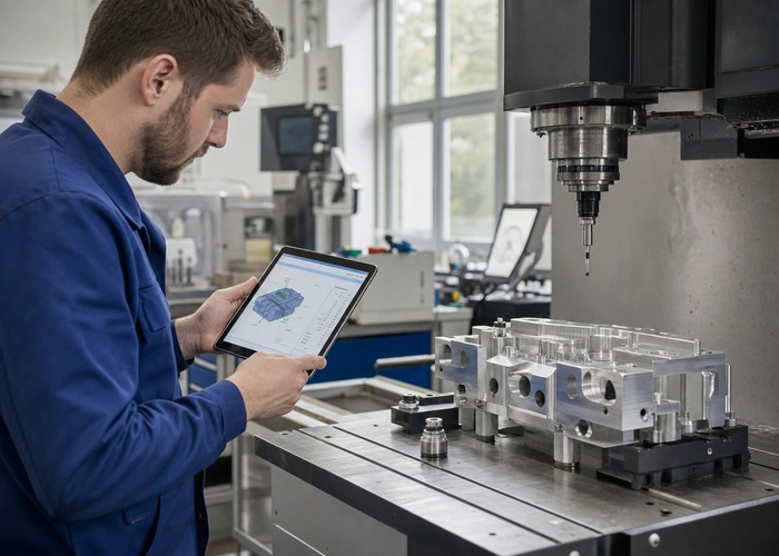 CNC Machining inspection detail scene in a modern manufacturing workshop