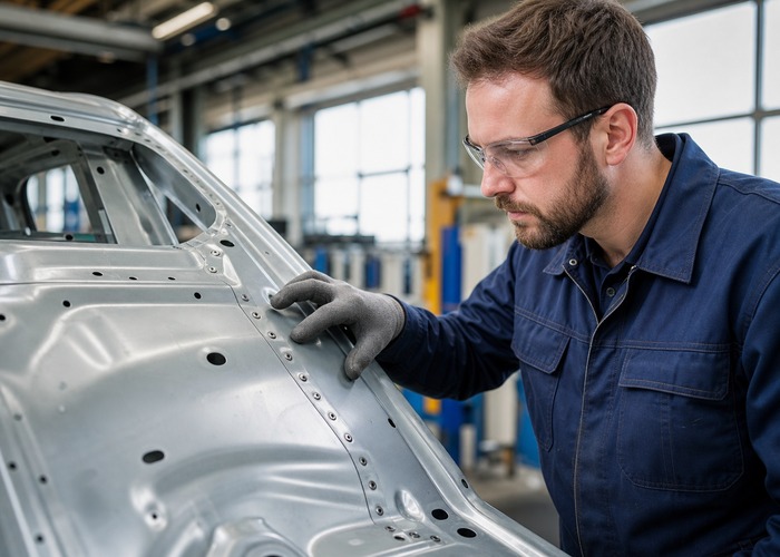 Sheet Metal Fabrication inspection detail scene in a modern manufacturing workshop