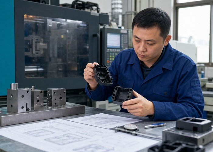 Injection Molding inspection detail scene in a modern manufacturing workshop