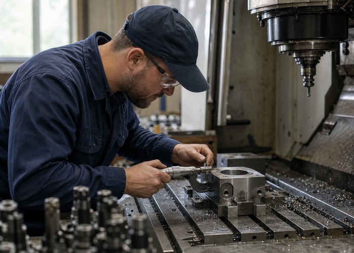 CNC Machining inspection detail scene in a modern manufacturing workshop
