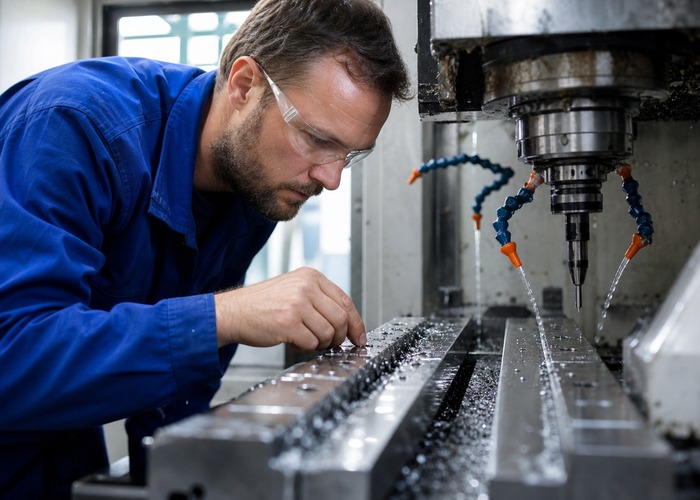 CNC Machining inspection detail scene in a modern manufacturing workshop