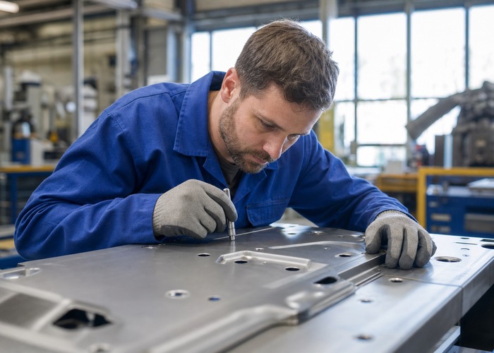 Sheet Metal Fabrication inspection detail scene in a modern manufacturing workshop