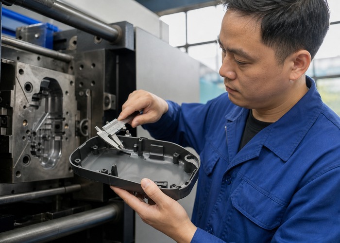Injection Molding inspection detail scene in a modern manufacturing workshop