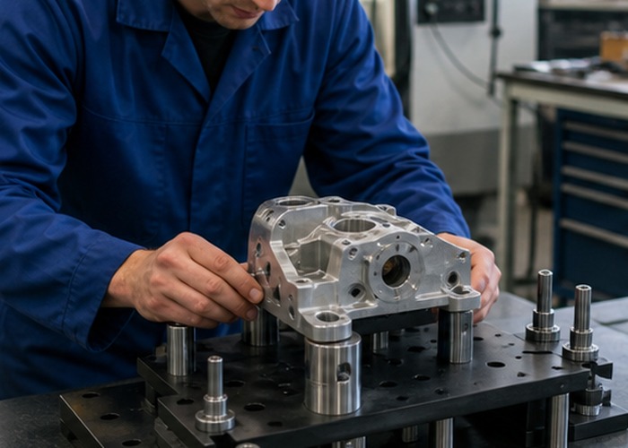 CNC Machining inspection detail scene in a modern manufacturing workshop