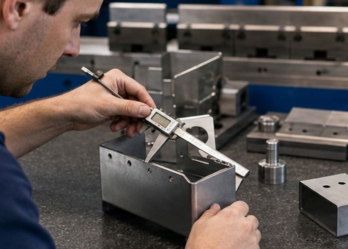 Sheet Metal Fabrication inspection detail scene in a modern manufacturing workshop