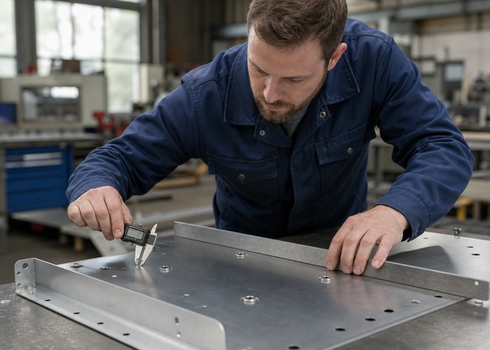 Sheet Metal Fabrication inspection detail scene in a modern manufacturing workshop