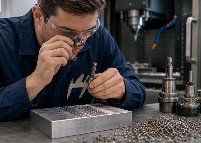 CNC Machining inspection detail scene in a modern manufacturing workshop