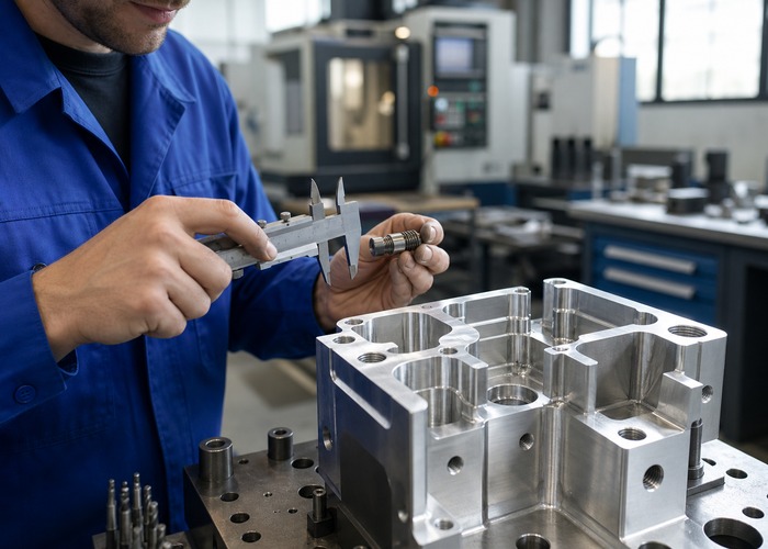 CNC Machining inspection detail scene in a modern manufacturing workshop