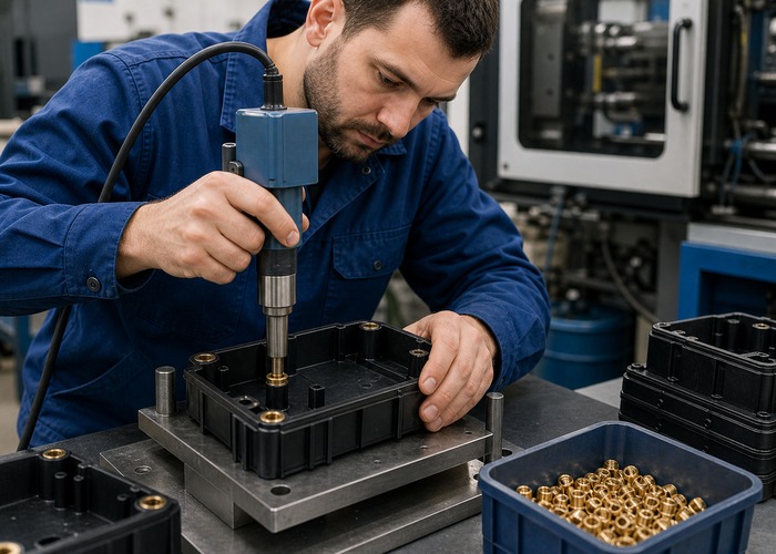 Injection Molding inspection detail scene in a modern manufacturing workshop