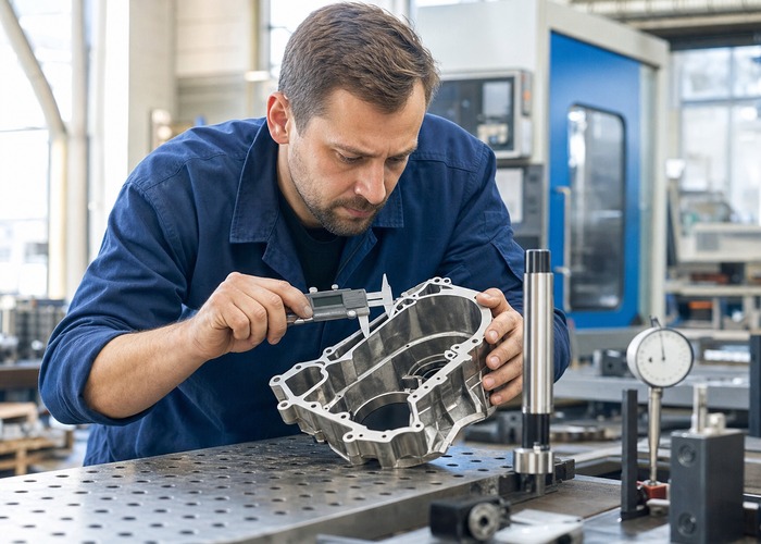 CNC Machining inspection detail scene in a modern manufacturing workshop