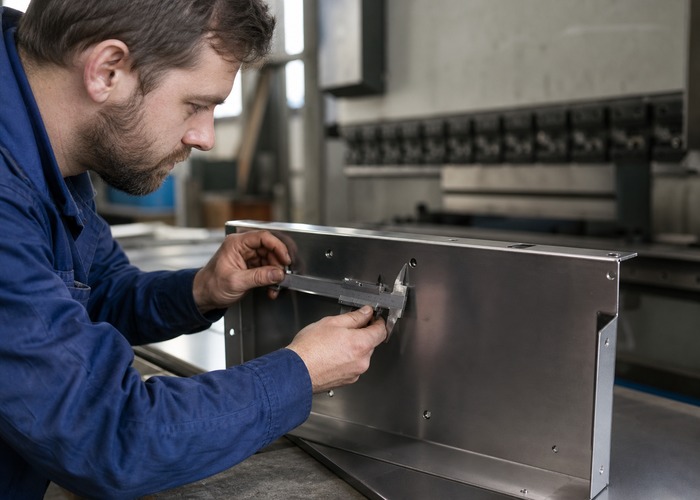 Sheet Metal Fabrication inspection detail scene in a modern manufacturing workshop