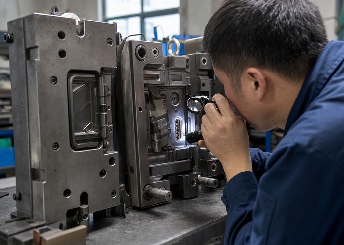 Injection Molding inspection detail scene in a modern manufacturing workshop