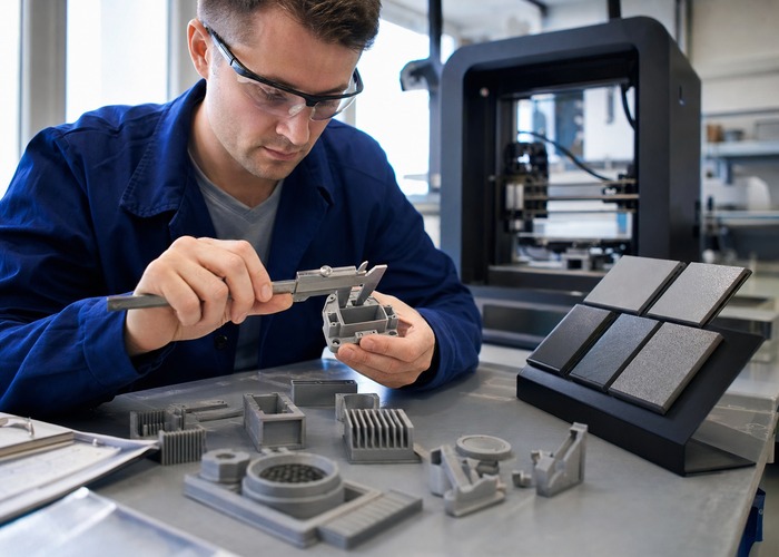 3D Printing inspection detail scene in a modern manufacturing workshop