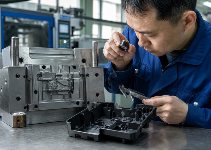 Injection Molding inspection detail scene in a modern manufacturing workshop