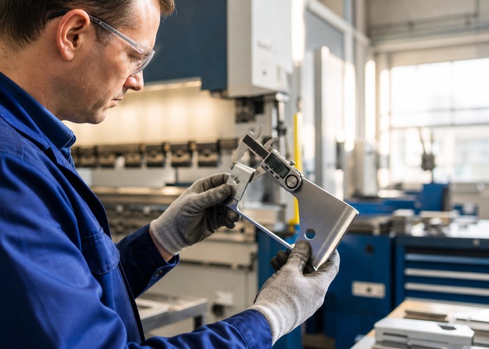 Sheet Metal Fabrication inspection detail scene in a modern manufacturing workshop