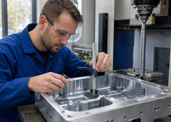 CNC Machining inspection detail scene in a modern manufacturing workshop