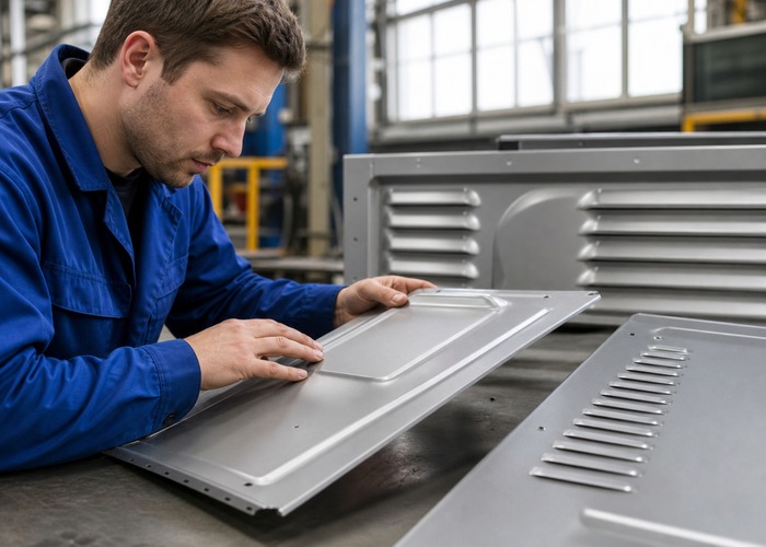 Sheet Metal Fabrication inspection detail scene in a modern manufacturing workshop