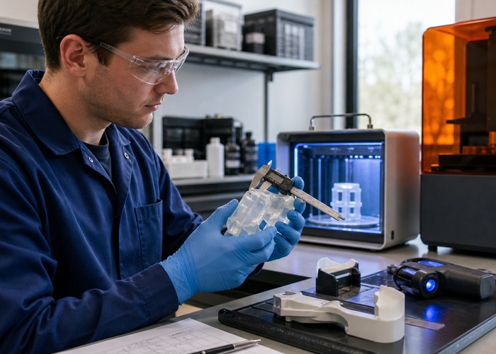 3D Printing inspection detail scene in a modern manufacturing workshop