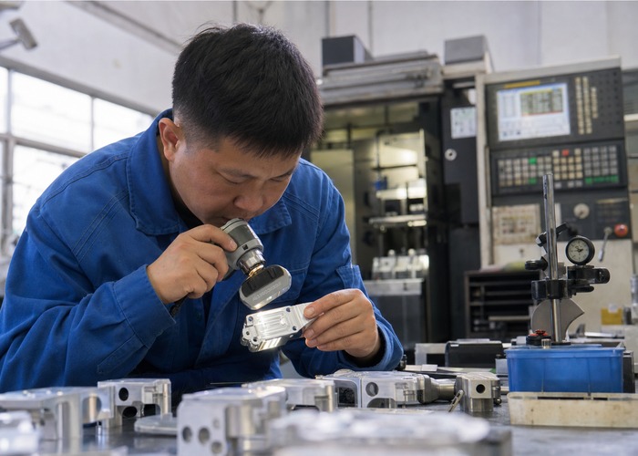 CNC Machining inspection detail scene in a modern manufacturing workshop