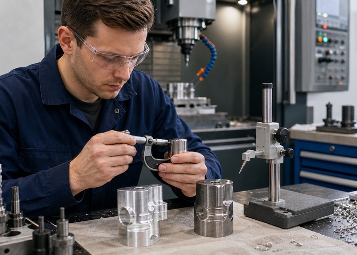 CNC Machining inspection detail scene in a modern manufacturing workshop