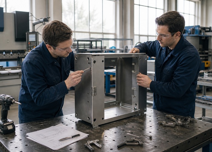 Sheet Metal Fabrication final review scene in a modern manufacturing workshop
