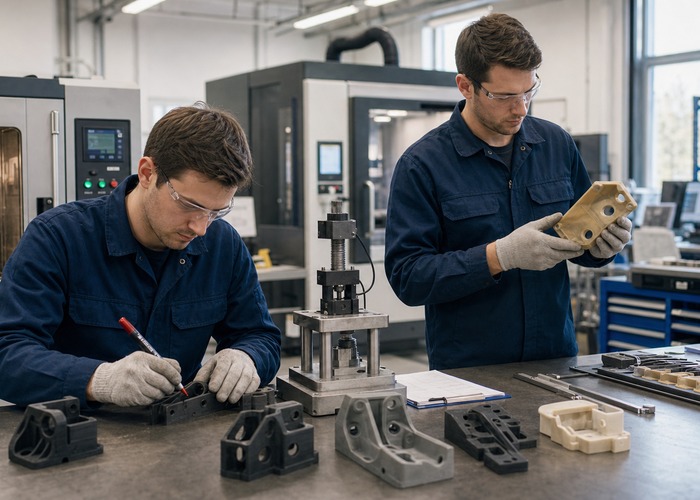 3D Printing final review scene in a modern manufacturing workshop