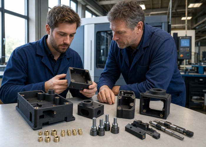 3D Printing final review scene in a modern manufacturing workshop