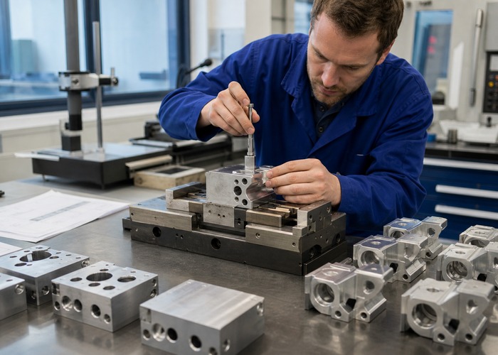 CNC Machining final review scene in a modern manufacturing workshop