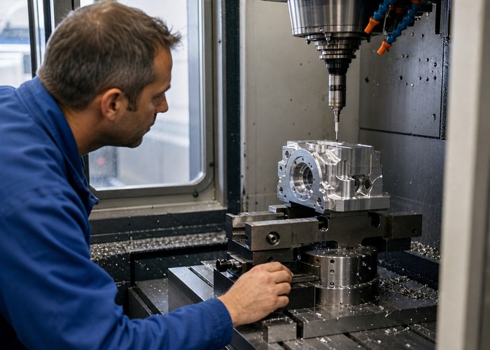 CNC Machining final review scene in a modern manufacturing workshop