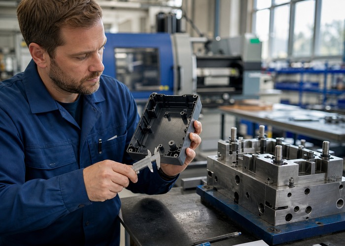 Injection Molding final review scene in a modern manufacturing workshop