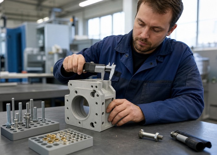 3D Printing final review scene in a modern manufacturing workshop