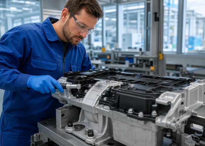 Assembly final review scene in a modern manufacturing workshop