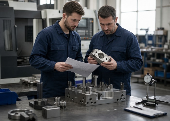 CNC Machining final review scene in a modern manufacturing workshop