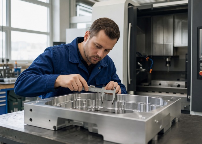 CNC Machining final review scene in a modern manufacturing workshop