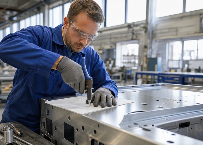 Sheet Metal Fabrication final review scene in a modern manufacturing workshop