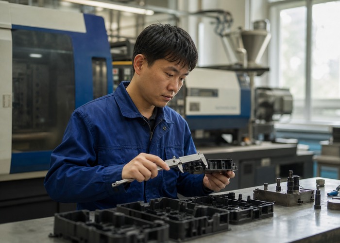 Injection Molding final review scene in a modern manufacturing workshop
