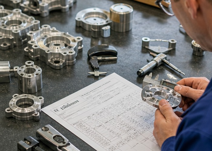 CNC Machining final review scene in a modern manufacturing workshop