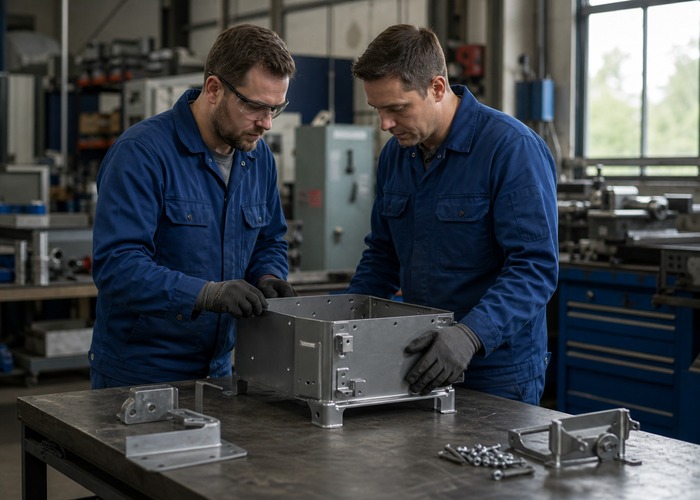 Sheet Metal Fabrication final review scene in a modern manufacturing workshop