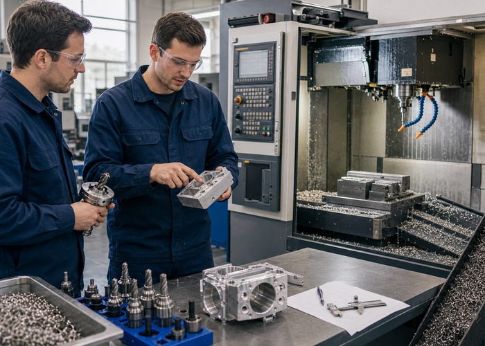 CNC Machining final review scene in a modern manufacturing workshop