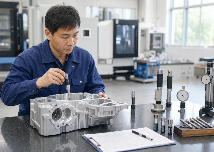 CNC Machining final review scene in a modern manufacturing workshop